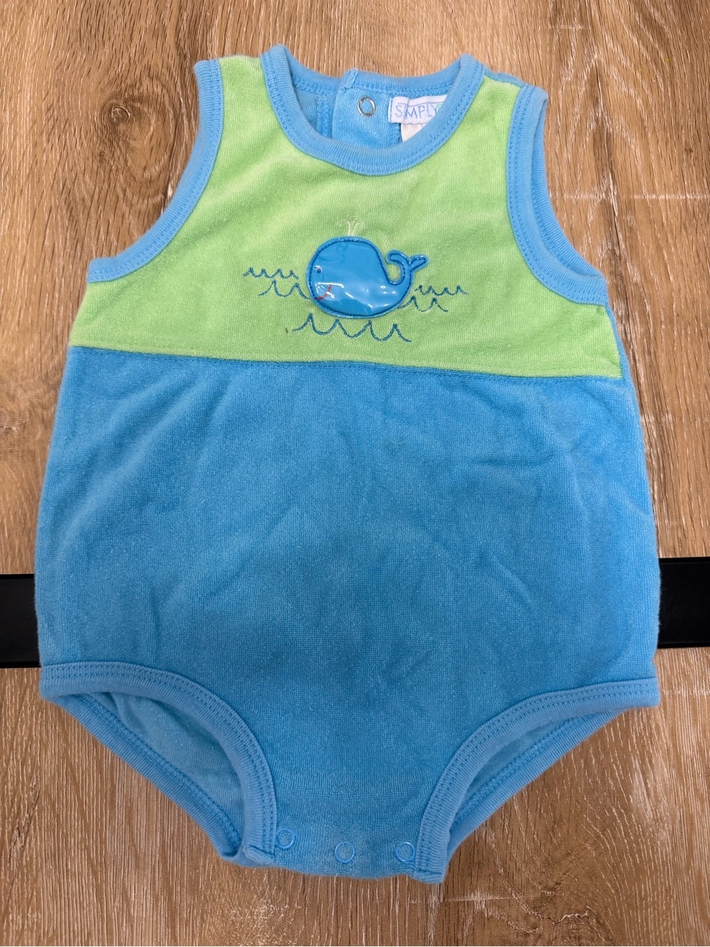 Vintage Baby One-Piece Romper in Blue and Green with Whale Motif